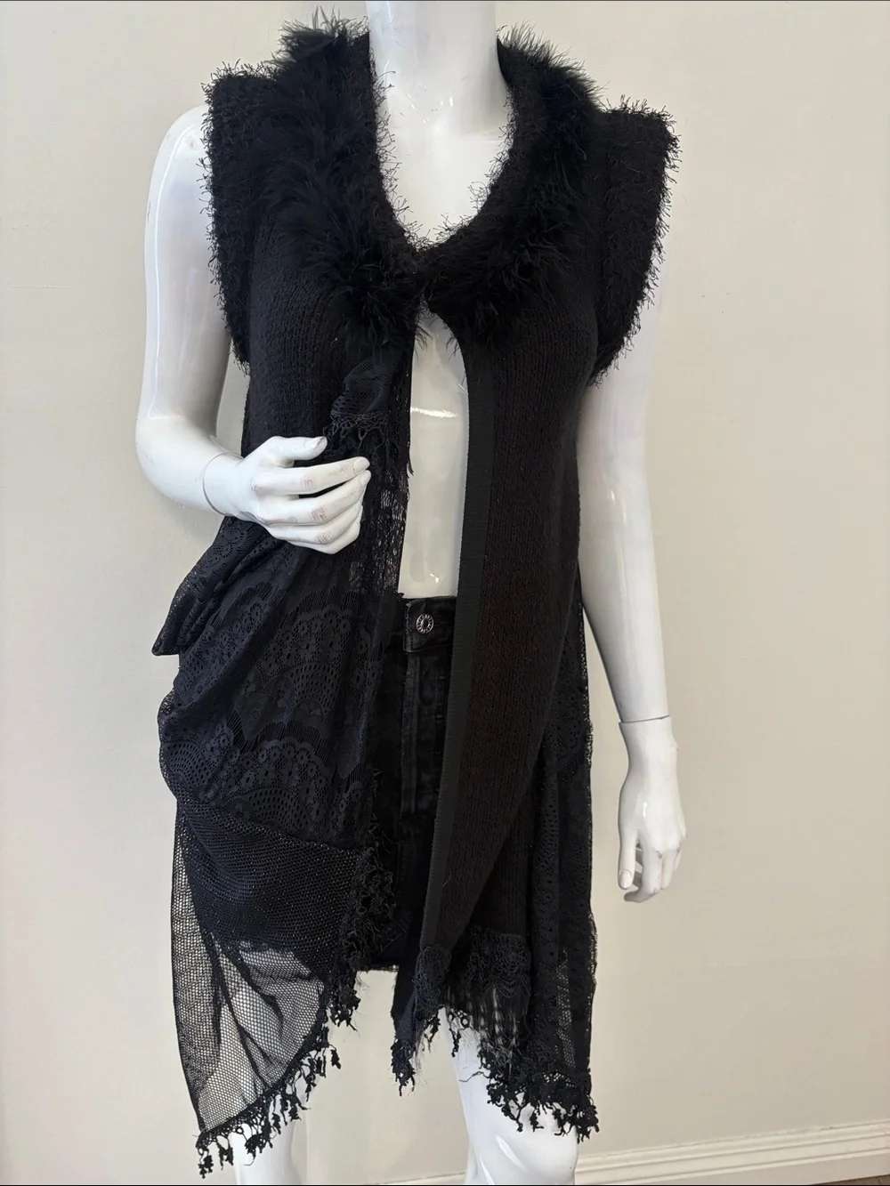 Y2K Black Sleeveless Knit Duster Vest w Lace, Mesh Paneling & Feather Boa Trim